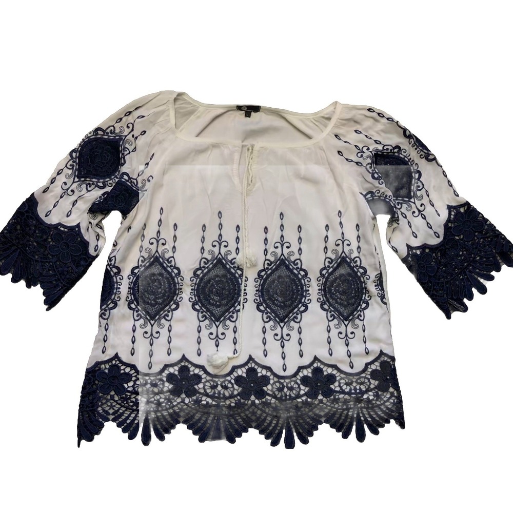 M Made In Italy Tunic Women's L White Navy Lace Embroidery 3/4 Sleeve Coastal